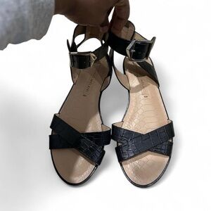 ANTONIO MELANI Black Croc-Texture Ankle Buckle Sandals